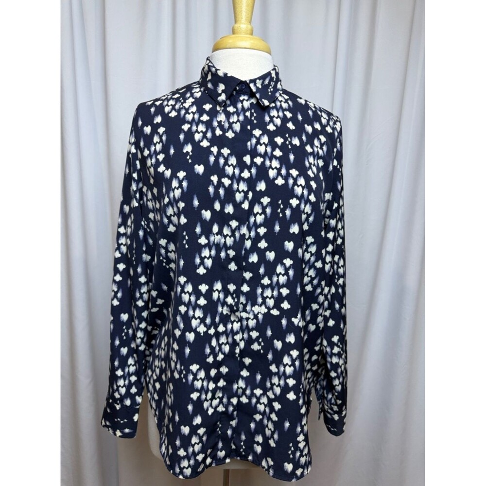 H&M Navy with Cream Abstract Print Button-Down Blouse, Size 8